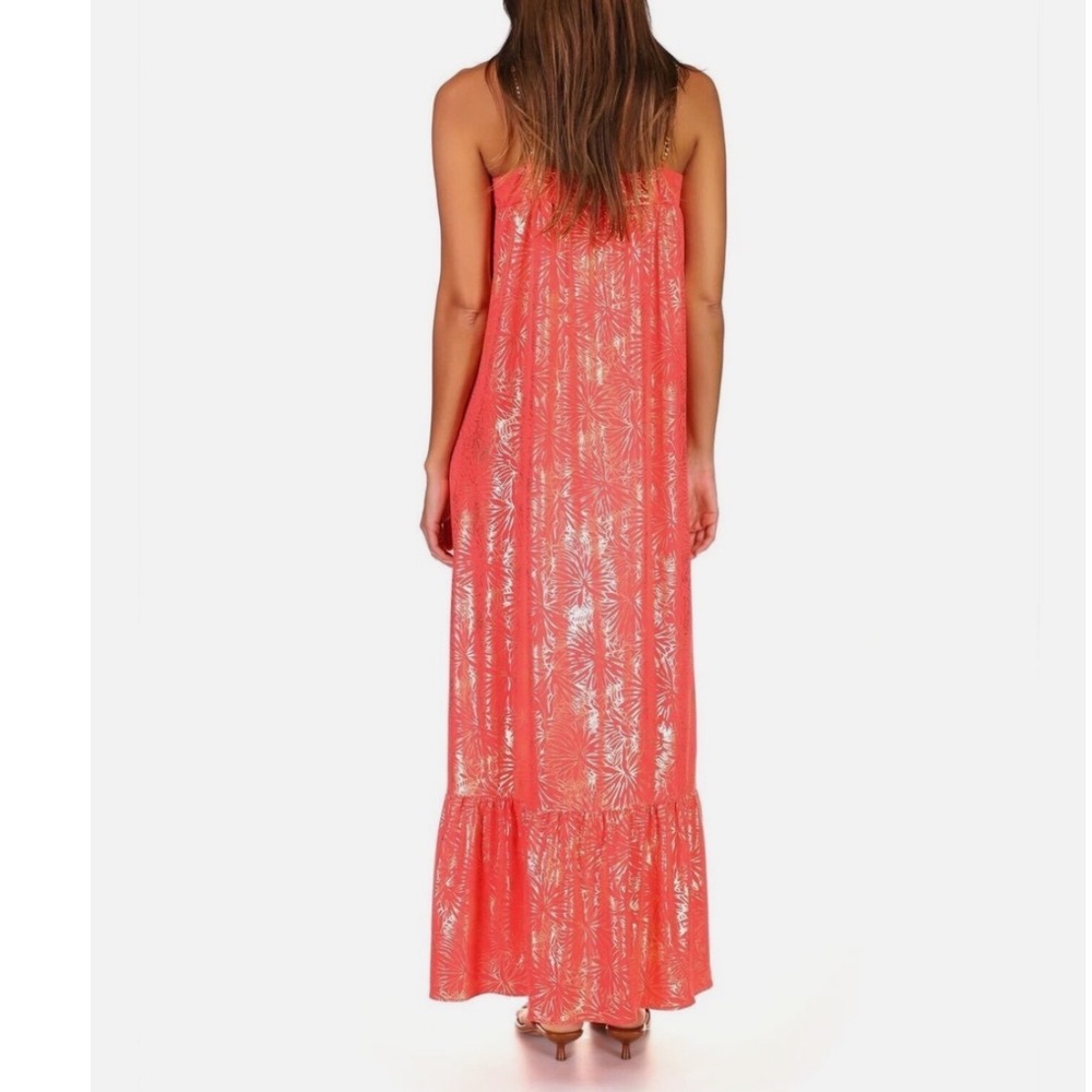 Michael Kors Coral Gold Foil Palm Leaf Chain Strap Maxi Dress Womens Pink Medium - Picture 3 of 9